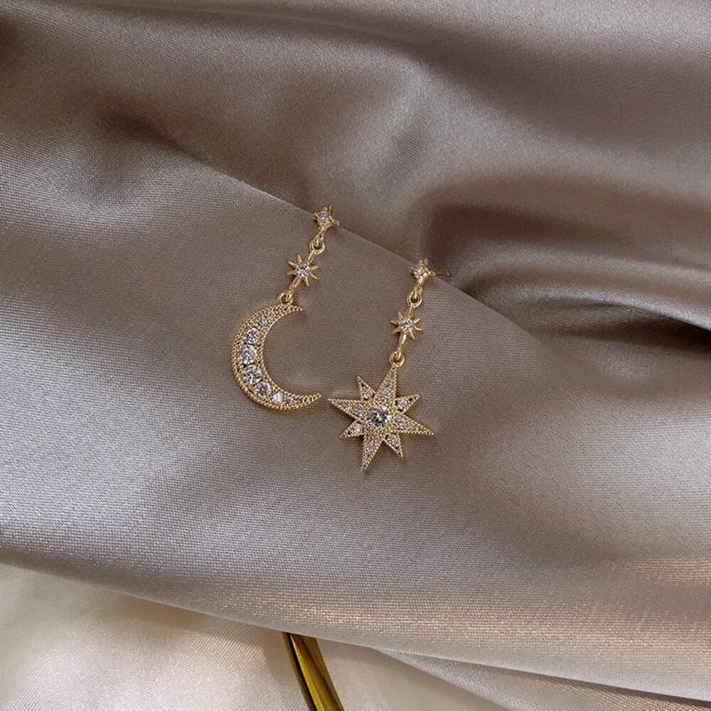 Johanna Crystal Moon And Star Dainty Gold Earrings